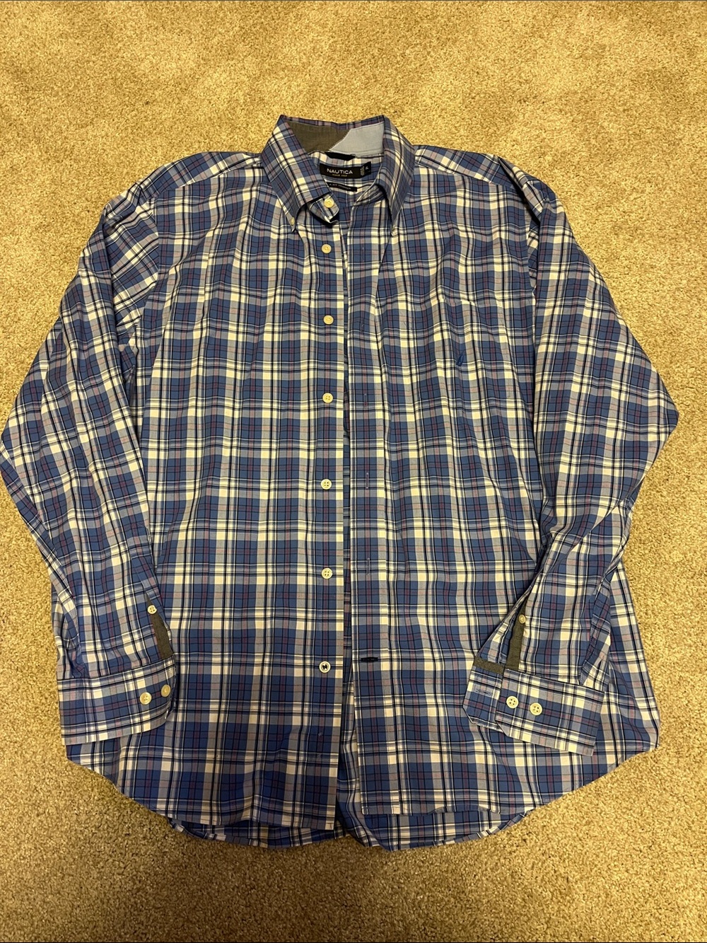Nautica Men's Blue and White Plaid Button-Down Shirt